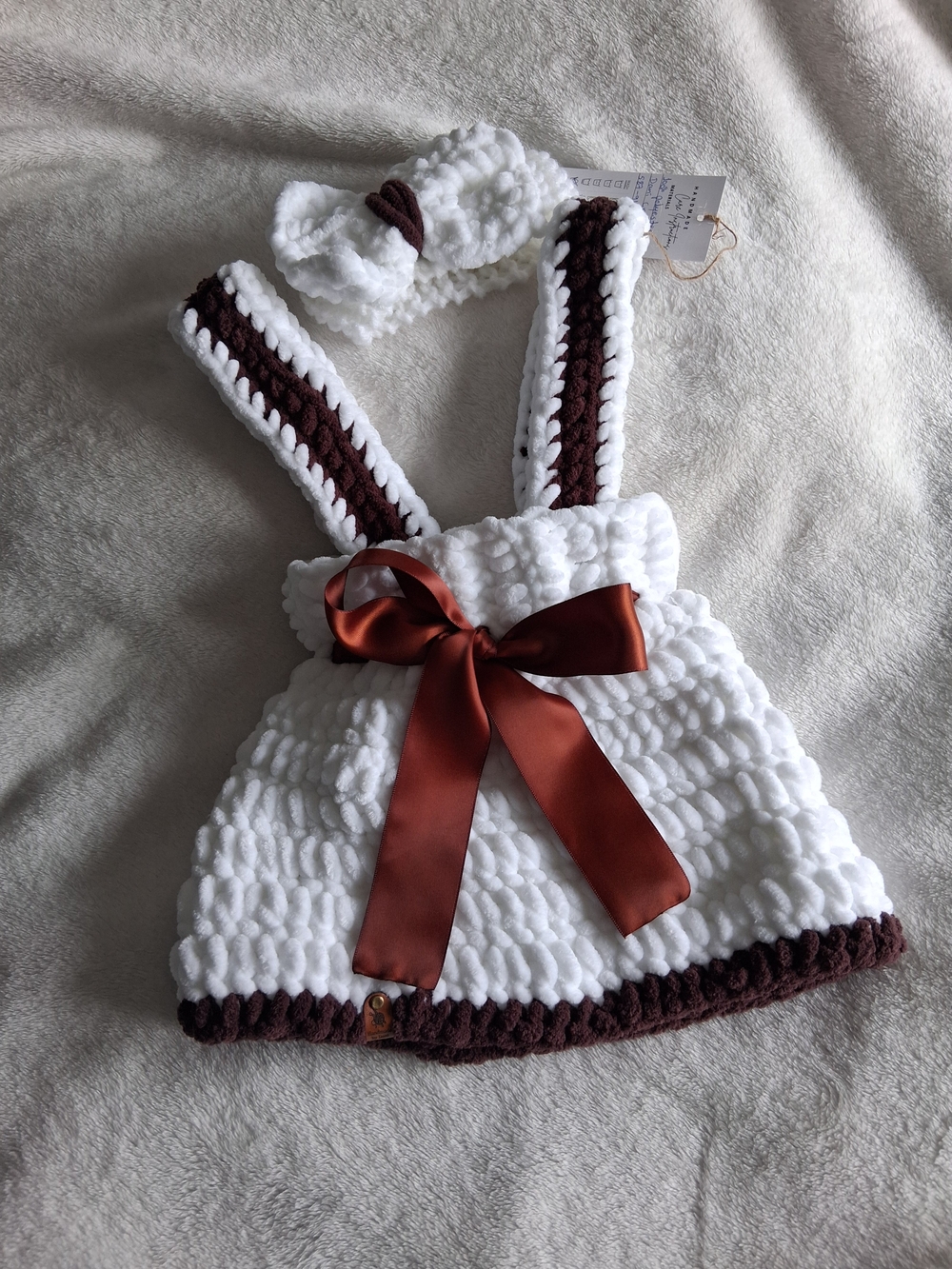 White Knit Suspenders Dress with Brown Trim and Satin Bow